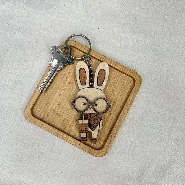 Bunny with Boba Keychain Bag Charm | Wooden Handmade | Hipster Kawaii