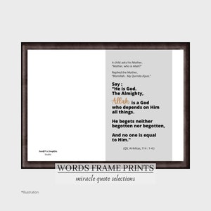 Bismillah. Hello, listeners. This photo is an illustration of the 'Words Frame Selections' product with a White background and Black text. The printed product is in the form of a 12x10 inch sheet displayed in a Black Frame. Alhamdulillah