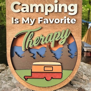 Camping Is My Favorite Therapy layered wooden sign