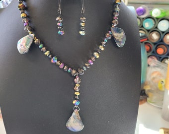 Iridescent beaded necklace with multi colored abalone and matching earrings and bracelet