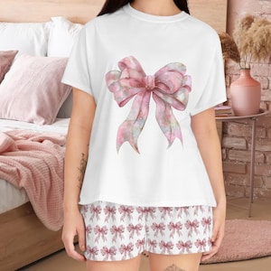 Pajama set, valentines pjs, girlie feminine bow shirt, couple pyjamas, pyjama set, holiday pyjama, pink coquette