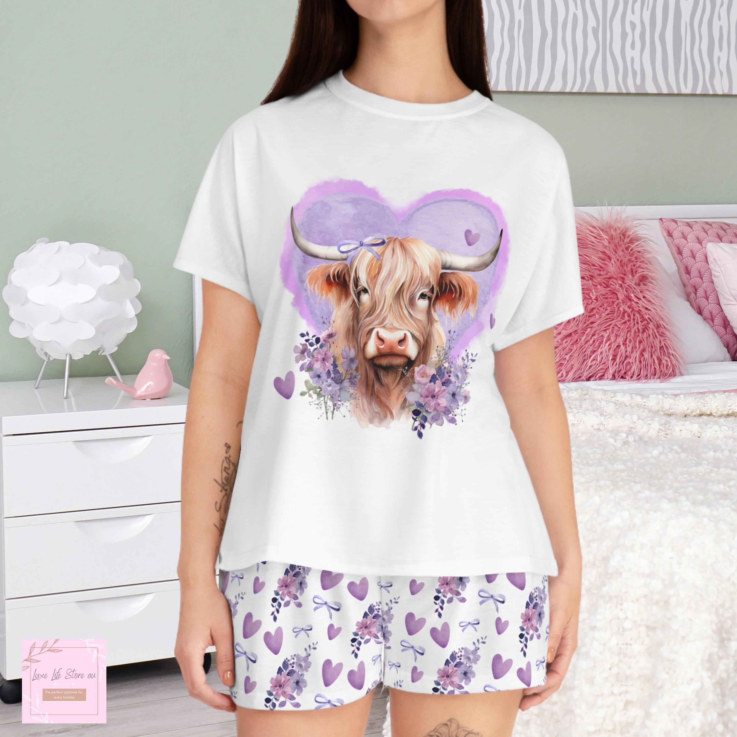 Pajama Set Cute Valentine Highland Cow Pjs Valentines Pyjamas Pyjama Set Winter Cow Purple Hearts Gift for Her Etsy Canada