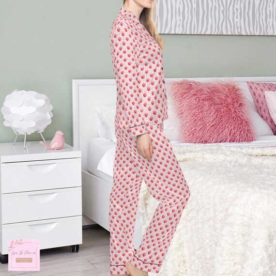 Women s satin pajamas strawberry cute pink pajama set preppy stuff room mate gift bridesmaid pajamas
