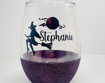 Personalized Halloween Wine Glass: Glitter Witch & Holographic Moon