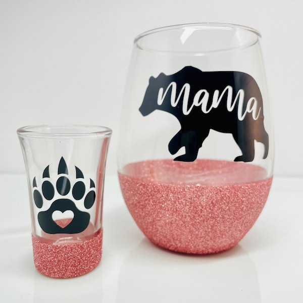 Mama Bear Wine Glass, Glittered Mama Glass, Mother's Day Wine Glass, Gift For Mom, Gift For Her, Wine & Shot Glass Set, Paw Print Shot Glass