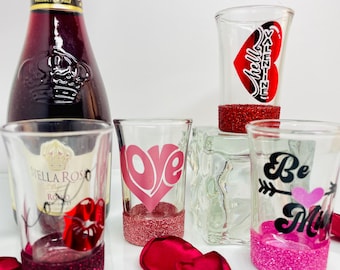 Valentine’s Shot Glass, Galentine’s Gift, Love & Sassy Glitter Glasses, Girls Night Barware, Set of 4 or Singles