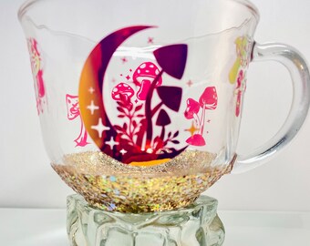 Mushroom Moon Glass Coffee Mug: Glittered Tea Cup, Coffee Lover Gift