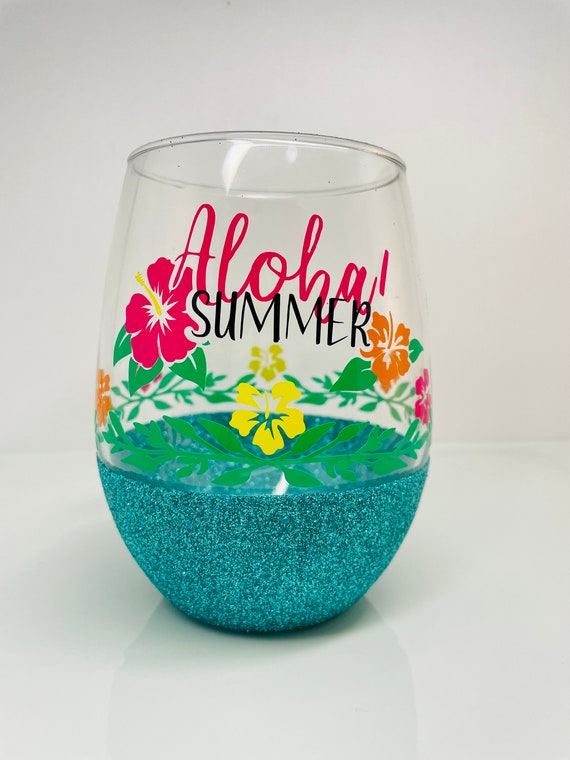 Aloha Summer Glitter Wine Glass: Hawaiian Stemless Wine Lover Gift
