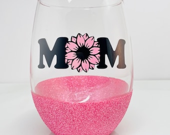Glittered Stemless Wine Glass, Mom Floral Design, Mother's Day Gift