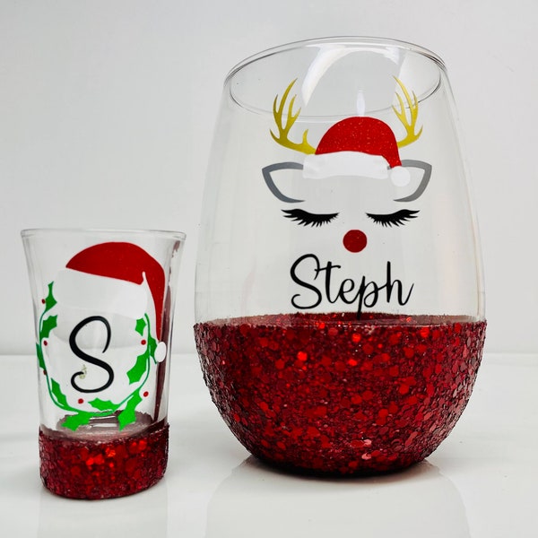 Reindeer Wine Glass, Personalized Christmas Wine Glass, Santa Hat Shot Glass, Glittered Christmas Glass, Christmas Glass Set,