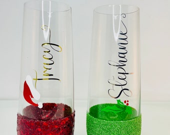 Christmas Champagne Glasses, Personalized Champagne Flutes, BFF Glasses, Glitter Champagne Glasses, Xmas party Gifts, Hostess Gift