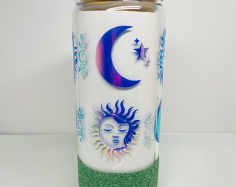 Sun & Moon Coffee Cup, Beer Can Glass, Cute Moon Motif Tumbler, Glittered Glass Cup, Iced Coffee Cup with Straw and Lid, Pumpkin Spice Cup