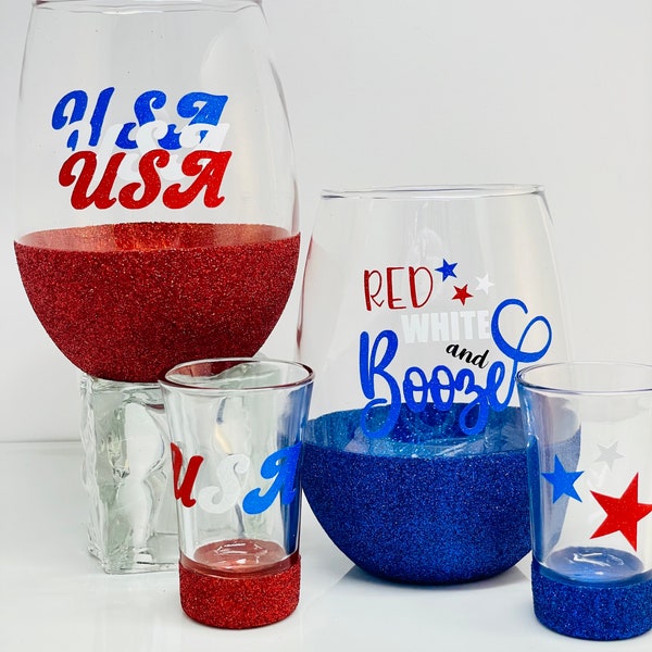 4th of July Wine Glass, USA Wine Glass, Red White and Booze Wine Glass, Patriotic Glass, Glitter Wine Glass, Peekaboo Glass, Wine & Shot set