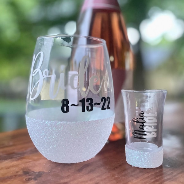 Personalized Bride Wine & Shot Glass Set, Custom Bride Wine Glass, Bride Shot Glass, Wedding Glasses, Bachelorette gift, Shower Gift
