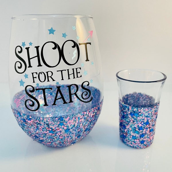 Glitter Wine & Shot Glass, Glitter Wine Glass, Gift for Her, Gift for Mom, Shoot for the Stars Wine Glass