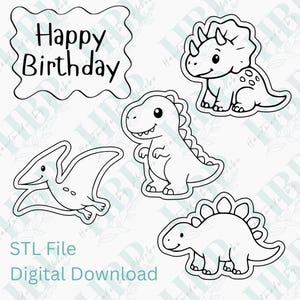 Peut inclure: Une collection numérique d'illustrations au trait noir et blanc comprenant un panneau aux bords ondulés avec le texte Happy Birthday, un tricératops, un tyrannosaure, un ptérodactyle et un stégosaure, étiqueté comme STL File Digital Download.