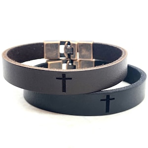 Engraved Men Leather Bracelet, Religious Cross Bracelet