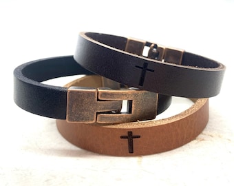 Personalized Gift for Confirmations,Baptism,Communion,Custom Cross Leather Bracelet for Men,Religious Bracelet,Engraved Gift For Fathers Day