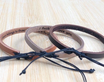 Gepersonaliseerde leren armband: gegraveerd geheim bericht, cadeau voor stel