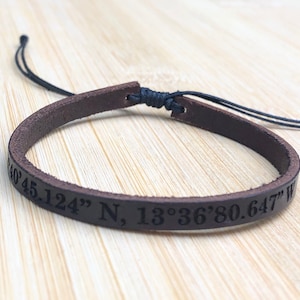Coordinates Personalized Leather Bracelet, Thin Custom Bracelet, Adjustable Personalized Thin Couples Bracelet, Leather Personalized Gift