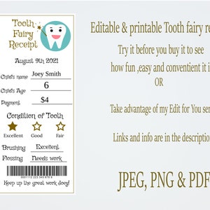 Modèle personnalisé de reçu de fée des dents modifiable, édition et impression en quelques minutes, certificat de fée des dents JPEG, PNG ou PDF, dent perdue