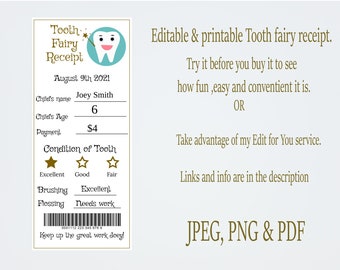 Gepersonaliseerde bewerkbare Tooth Fairy Receipt sjabloon, bewerken en afdrukken in minuten, JPEG, PNG of PDF Tooth Fairy Certificaat, Verloren tand