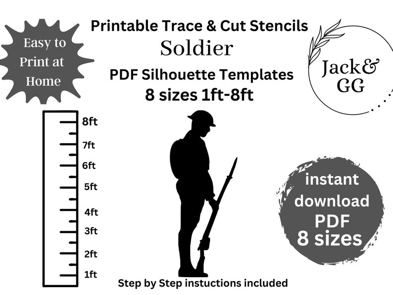 3ft 4ft, 5ft, 6ft, 7ft, 8ft Soldier Silhouette Stencil Template bundle, Décor Digital Download, Printable Trace Cutout PDF image 1