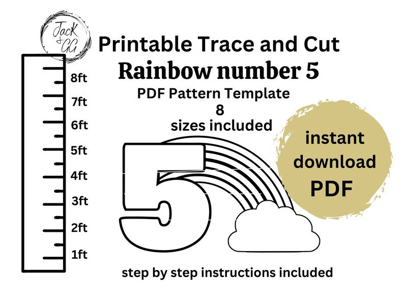 1- 8 Ft Number 5 Rainbow Party, Print and Cut Digital Stencil Pdf ...