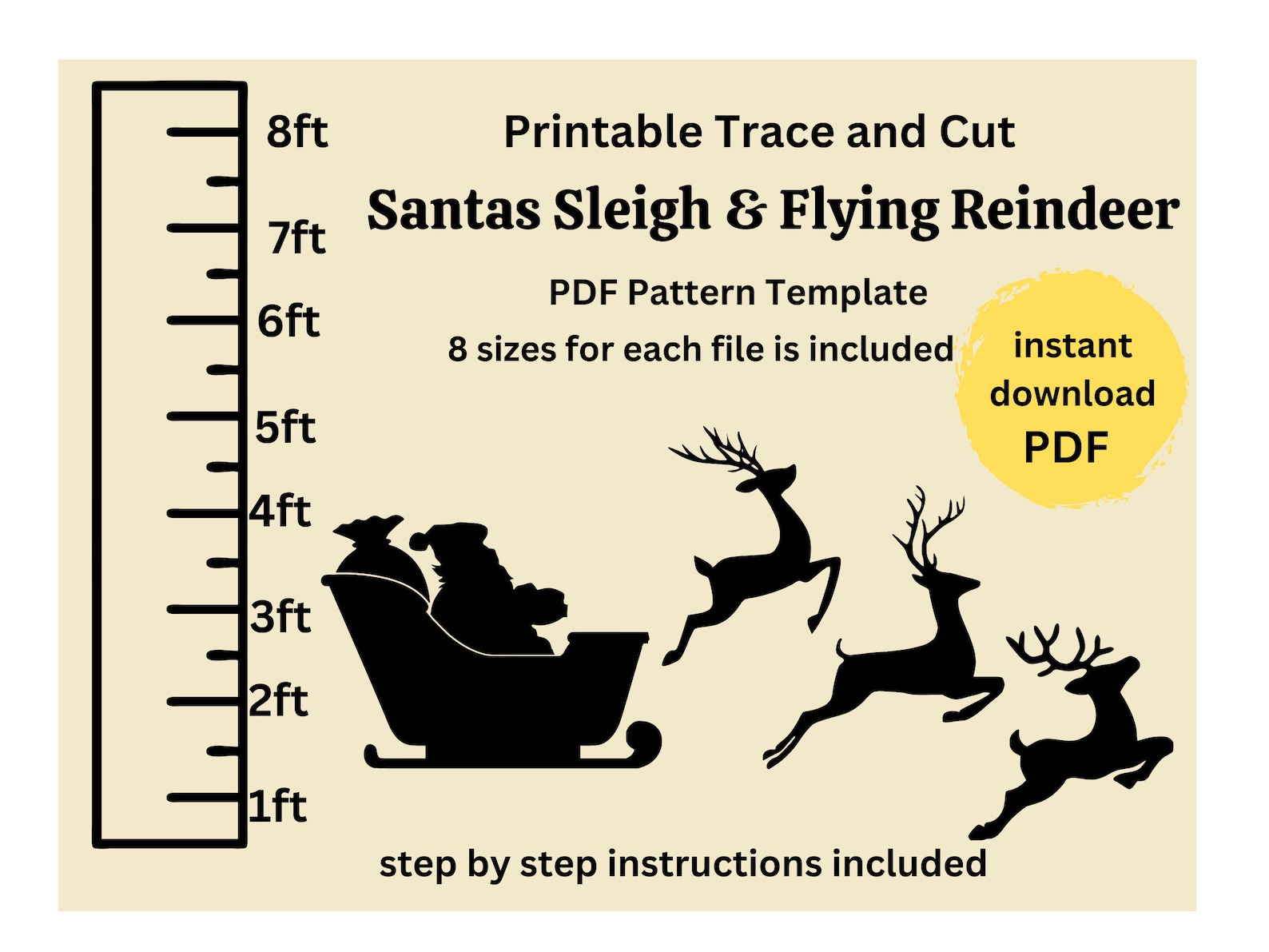 PDF Printable Trace and Cut Santa Sleigh Reindeer Scene, Christmas