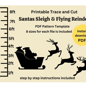 Lebensgroße Schlitten und Rentier-Vorlage 3, Weihnachtssilhouette, PDF zum Ausdrucken und Schneiden, Schablonen. Weihnachtliche Rasendekoration
