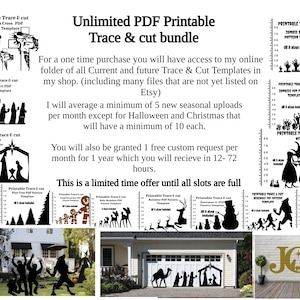 May include: A digital download bundle of printable trace and cut patterns for crafting projects. The image shows a variety of designs, including a nativity scene, a snowman, a reindeer, a Christmas tree, a zombie hand, a witch, a werewolf, and a camel. The text on the image reads "Unlimited PDF Printable Trace & Cut Bundle".