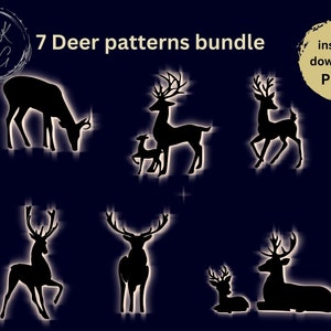 Könnte beinhalten: Ein Set mit sieben schwarzen Silhouette-Hirschmustern in einem Bündel. Die Hirsche sind in verschiedenen Posen, darunter stehend, gehend und liegend. Die Muster sind perfekt für Basteln, Scrapbooking und andere kreative Projekte.