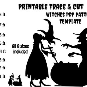 Modèle pdf numérique sorcières et chaudron de 8 pieds, 8 tailles, motifs de silhouette d'Halloween, décor de trace et de coupe pour les pelouses et la maison, 6 pieds 5 pieds