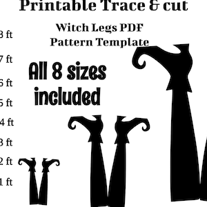 May include: Printable witch legs pattern template in eight sizes, from 1 foot to 8 feet tall. The image shows a ruler with measurements in feet and black silhouettes of witch legs in various sizes.