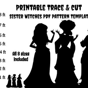 Modèle PDF des sœurs Sanderson grandeur nature, trace imprimable et modèles/pochoirs de décoration silhouette d'Halloween découpés, téléchargement immédiat