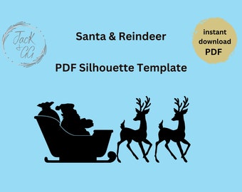 カスタム 8 フィート幅のサンタのそりとトナカイのテンプレート クリスマス シルエット、PDF 印刷可能なトレースとカット、ステンシル。クリスマスの芝生の飾り