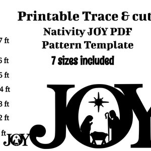 以下が含まれることがあります： 「JOY」という言葉の白黒シルエットで、「O」の中にクリスマスの場面があります。画像には、フィート単位の定規が含まれています。「Printable Trace & cut Nativity JOY PDF Pattern Template 7 sizes included」というテキストも含まれています。