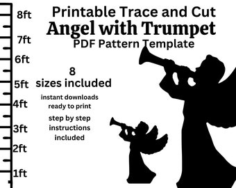 May include: Printable trace and cut pattern template for an angel with a trumpet. The template includes 8 sizes, instant downloads, and step-by-step instructions. The image shows a black silhouette of an angel playing a trumpet.