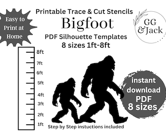 3ft 4ft, 5ft,6ft, 7ft ,8ft Bigfoot ,16 ft sasquatch Silhouette Stencil Template bundle ,Décor Digital Download, Printable Trace Cutout PDF