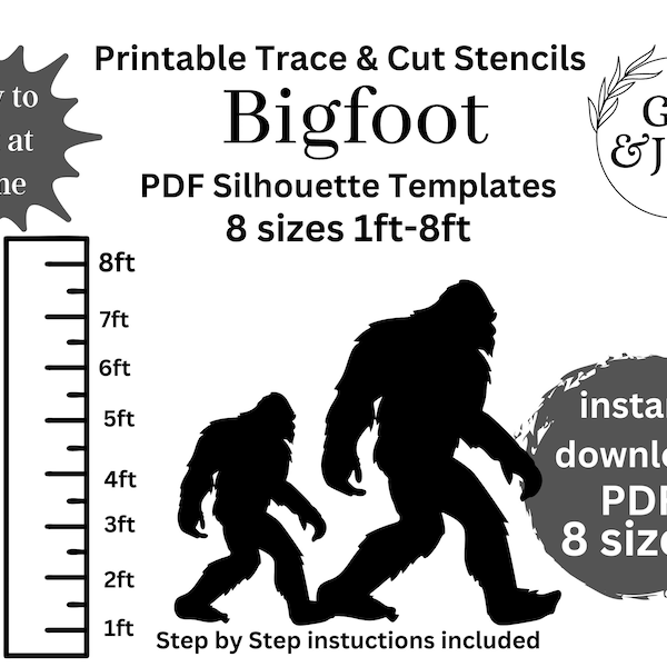 Life size Sasquatch pdf template , yard art christmas silhouette, digital stencil , woodworking pattern  1ft 2 ft 3ft 4ft 5ft 6ft 7ft 8ft