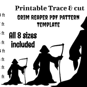 May include: Printable Grim Reaper PDF pattern template.  Includes 8 sizes from 1 foot to 8 feet.  Black and white silhouette of a Grim Reaper holding a scythe.