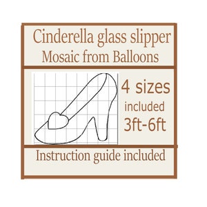 Puede incluir: Un dibujo en blanco y negro de un zapato de cristal de Cenicienta en una cuadrícula. El texto "4 tamaños incluidos 3ft-6ft" y "Guía de instrucciones incluida" está debajo del dibujo.