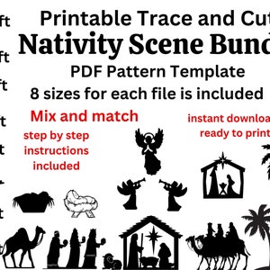 Op de afbeelding: Zwart-witte printbare kerststalset met 8 maten. De set bevat een kribbe, een kameel, drie wijzen, een engel, een ster en twee palmbomen. De afbeelding bevat de tekst "Printable Trace and Cut Nativity Scene Bundle", "PDF Pattern Template", "8 sizes for each file is included", "Mix and match", "step by step instructions included", "instant downloads ready to print".