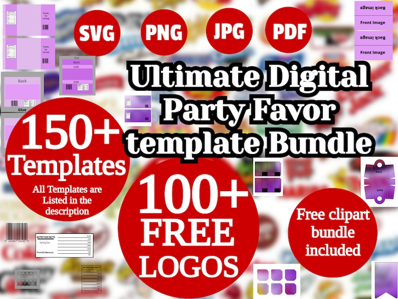 Digital Party favor templates and logos bundle svg png ,Templett video tutorial instructions included , chip bag template , candy wrapper  