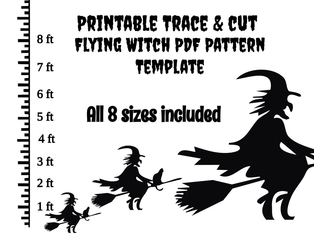 Witch on a Broom Digital Pdf Stencil Template , 8 Sizes , Halloween