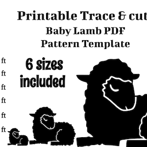 Op de afbeelding: Printbare sjabloon om te traceren en uit te knippen voor een lammetje. De sjabloon is verkrijgbaar in zes maten en is beschikbaar als PDF-download. De afbeelding toont een zwart silhouet van een liggend lammetje.