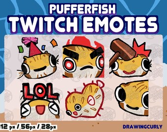 Lindo pez globo / pez soplado Twitch Emote Pack / Emoji para streaming, discordia, Youtube / fiesta, jajaja, corazón, fuego, bonk, acecha / Descarga instantánea