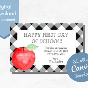 Cartão postal de volta às aulas / Cartão postal do primeiro dia de aula / Cartão postal para alunos / Download instantâneo editável / Cartão postal do professor para alunos