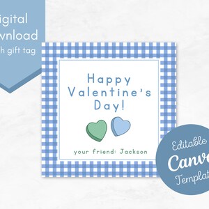 Blue Gingham Heart Valentine Printable /School Valentine /Valentine Gift Tag/ Editable Valentine Instant Download /Printable Valentine Cards