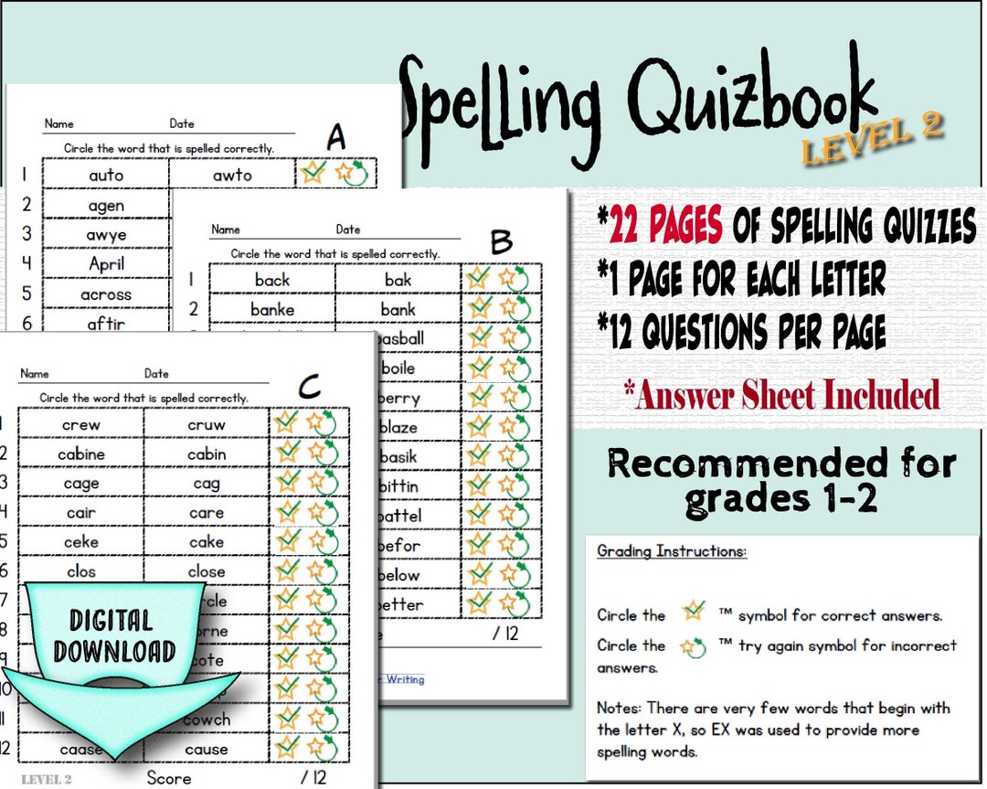Spelling Test Grade 1st &amp; 2nd Printable Workbook PDF - Etsy